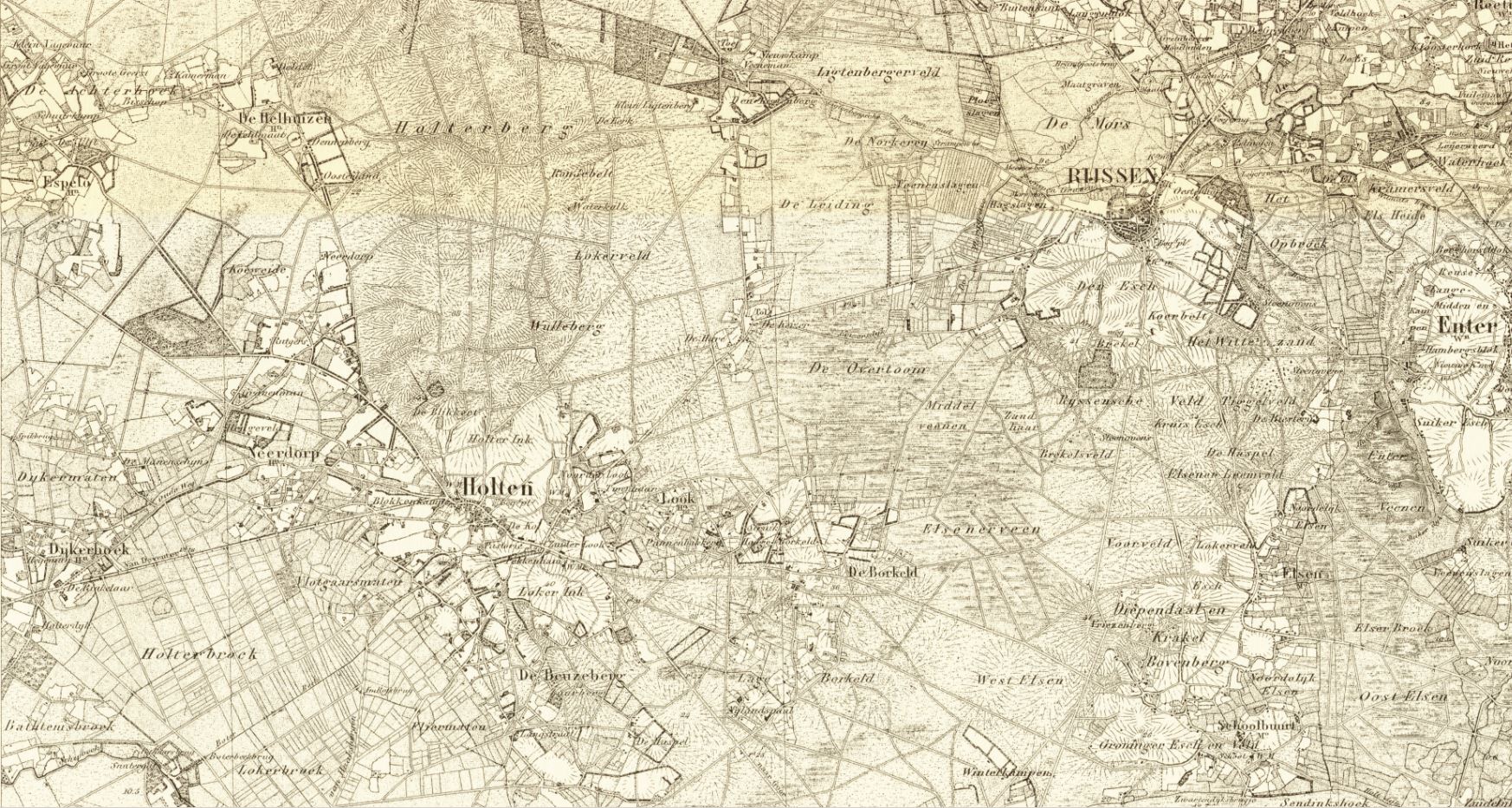 Topografische kaart van Rijssen en Holten rond 1850