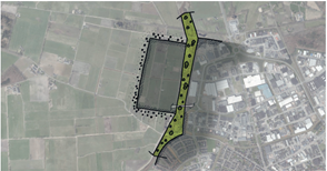 Ontwerpschets nieuw bedrijventerrein Ligtenbergeveld Oost. De verbindingszone loopt tussen het nieuwe en bestaande bedrijventerrein door.