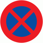 verkeersbord verboden te stoppen, rond blauw bord met rode rand en 2 diagonale rode strepen